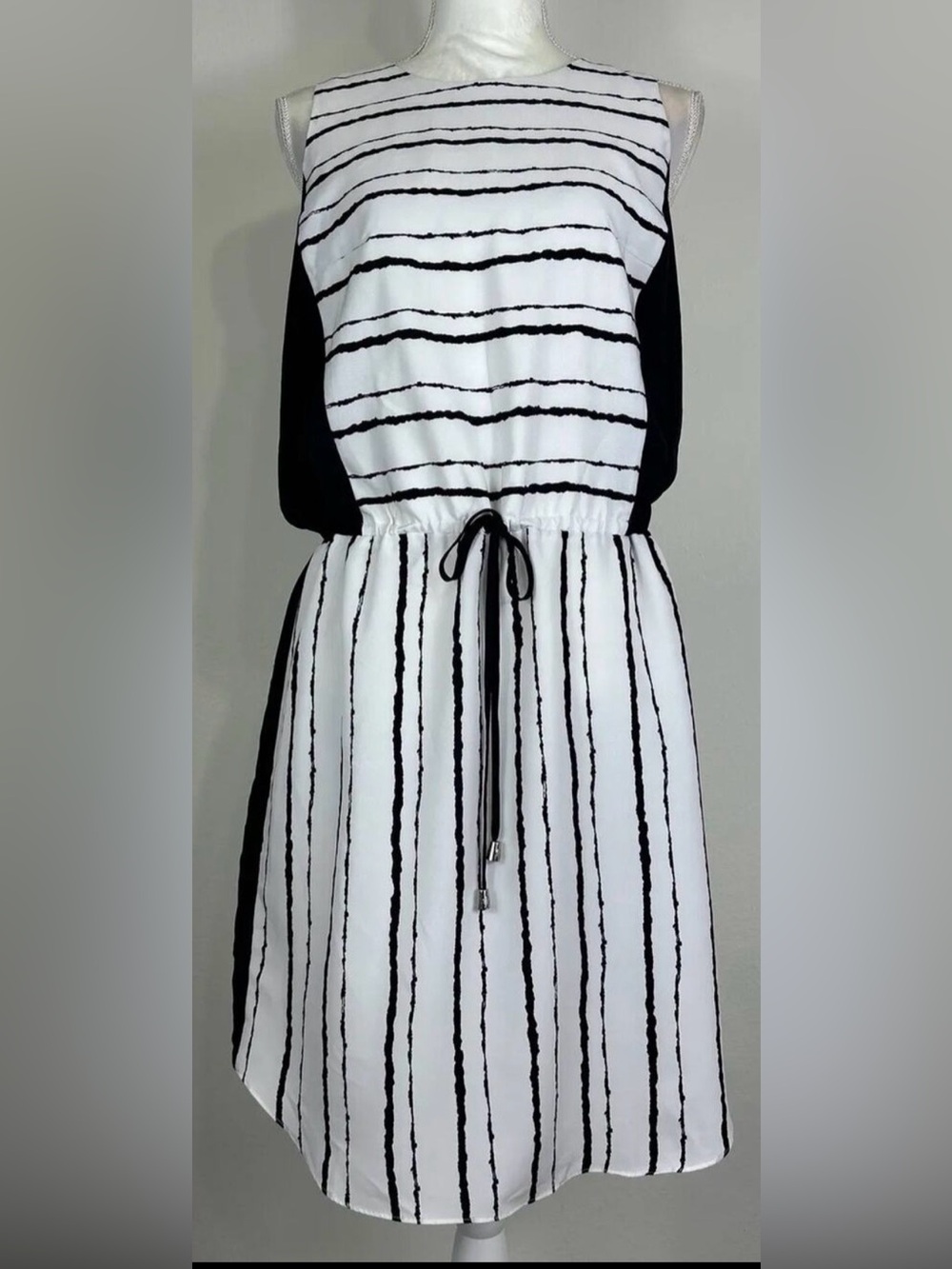 Vince Camuto Black White Striped Drawstring Waist Midi Dress Size 12